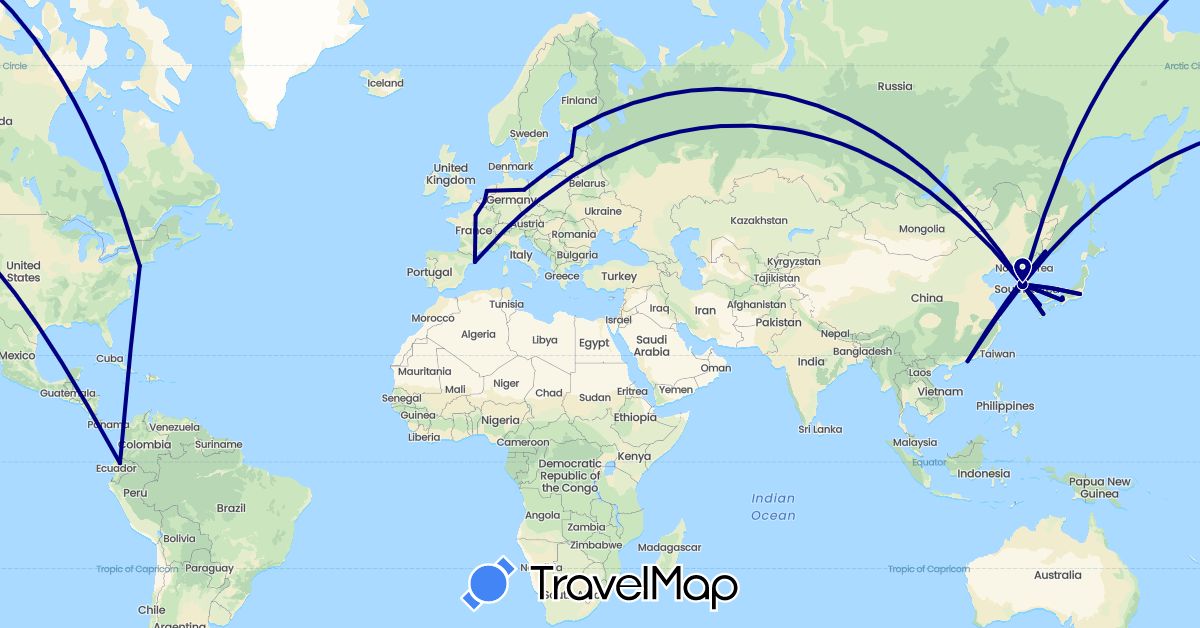 TravelMap itinerary: driving in Belgium, China, Germany, Ecuador, Estonia, Spain, Finland, France, Japan, South Korea, Latvia, Netherlands, Russia, United States (Asia, Europe, North America, South America)